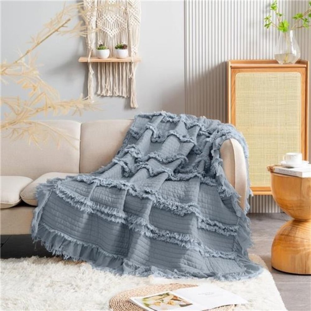 NEW West Elm Boho Blue Quilted Ruffle Knit Throw Blanket Bedding - 60" x 80"